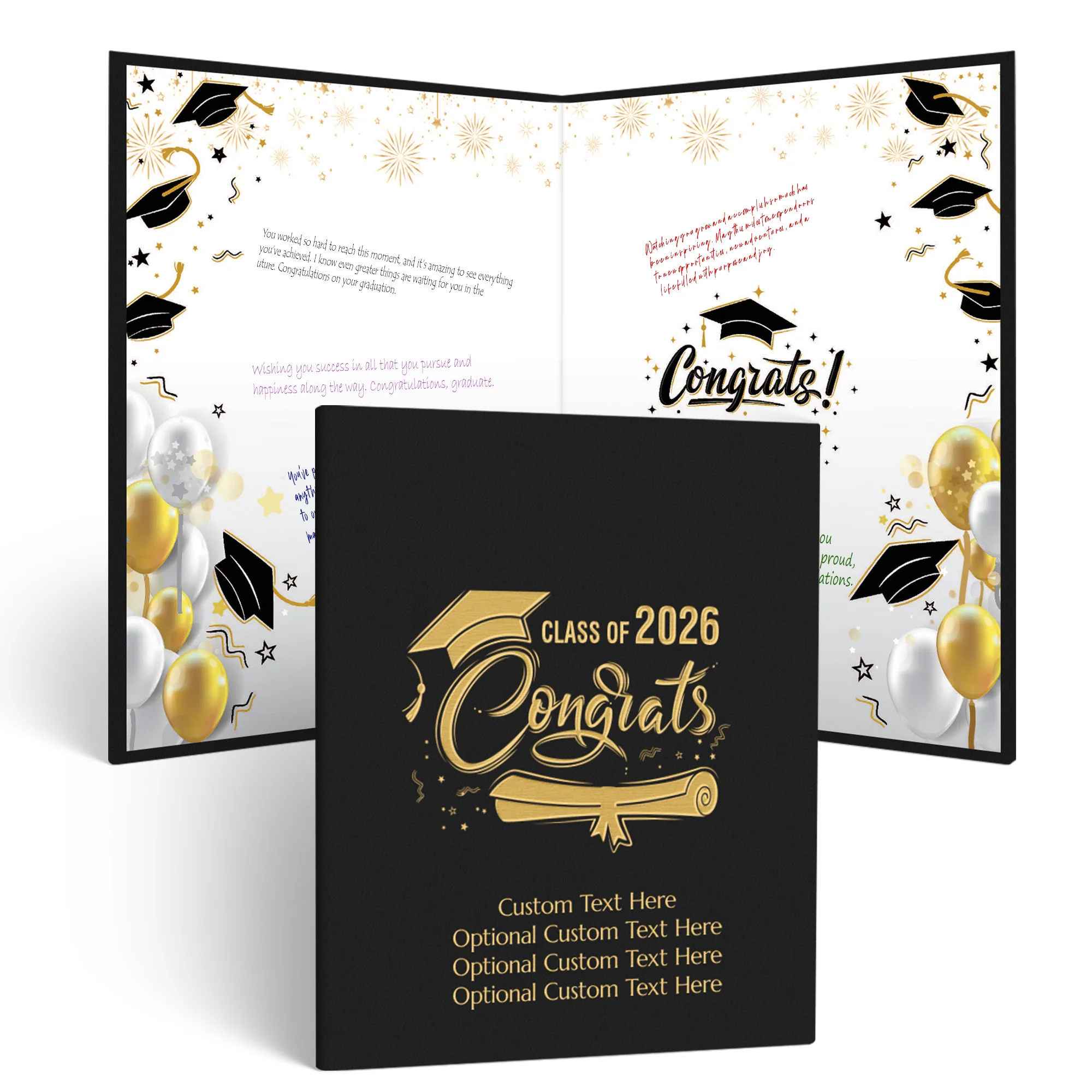 Black and gold graduation guestbook with “Class of 2026 Congrats” on the cover displayed in front of an open book filled with handwritten messages and signatures. This personalized alternative graduation guestbook is designed for guests to leave meaningfu